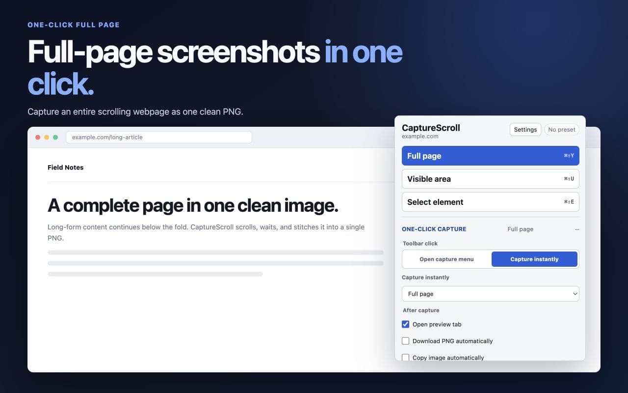 CaptureScroll capturing a long webpage with full-page, visible-area, and selected-element controls